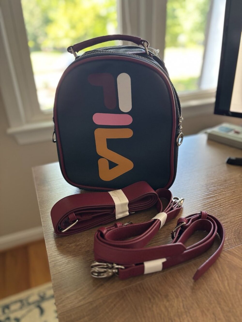NWT FILA Mini Backpack Crossbody Bag Navy Burgundy Logo Convertible Purse